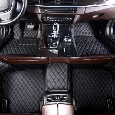 Black and Black Stitching Luxury Leather Diamond Car Mats UK