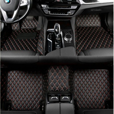 Black and Orange Stitching Luxury Leather Diamond Car Mats UK