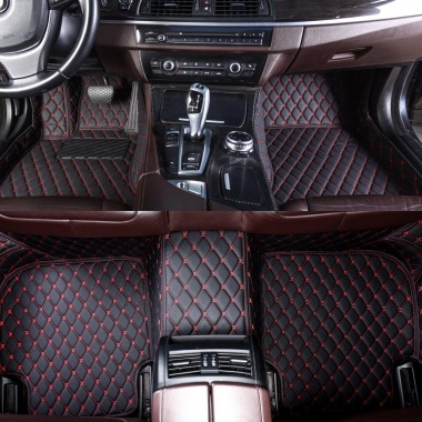 Black and Red Stitching Luxury Leather Diamond Car Mats UK