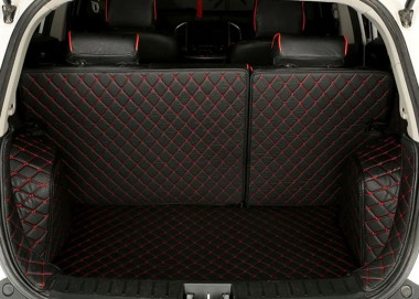 Black and Red Stitching Full Cover Luxury Leather Diamond Trunk Car Mats UK