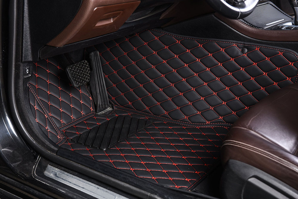 Black and Red Stitching Luxury Leather Diamond Car Mats